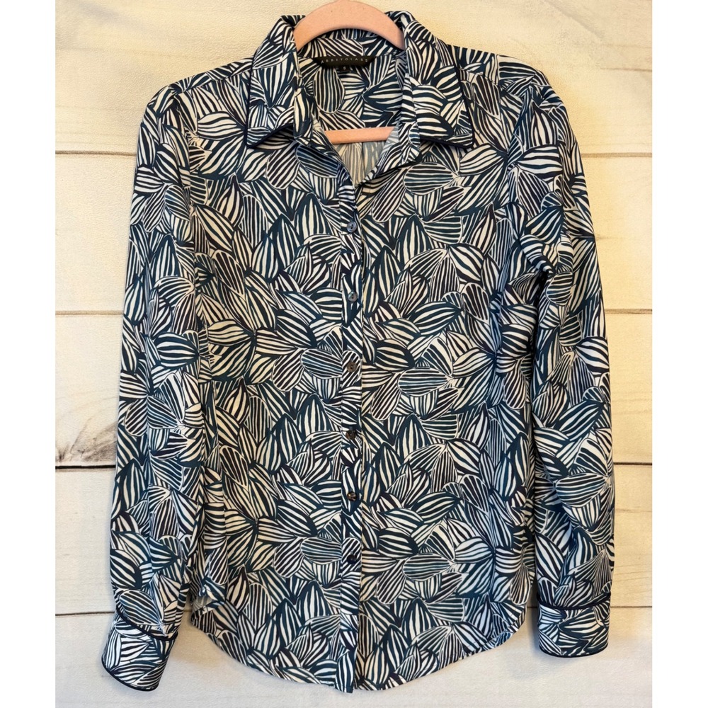 Abbey Glass Navy White Abstract Print Long Sleeve Button Down Blouse Small